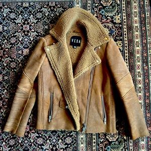 VEDA 100% Lambskin Sherpa Brown Moto Jacket